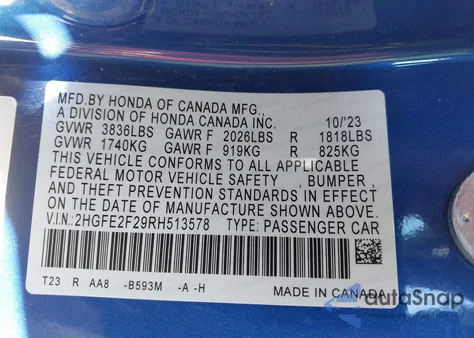 2024 Honda Civic Lx z USA, uszkodzony, nr VIN 2HGFE2F29RH513578